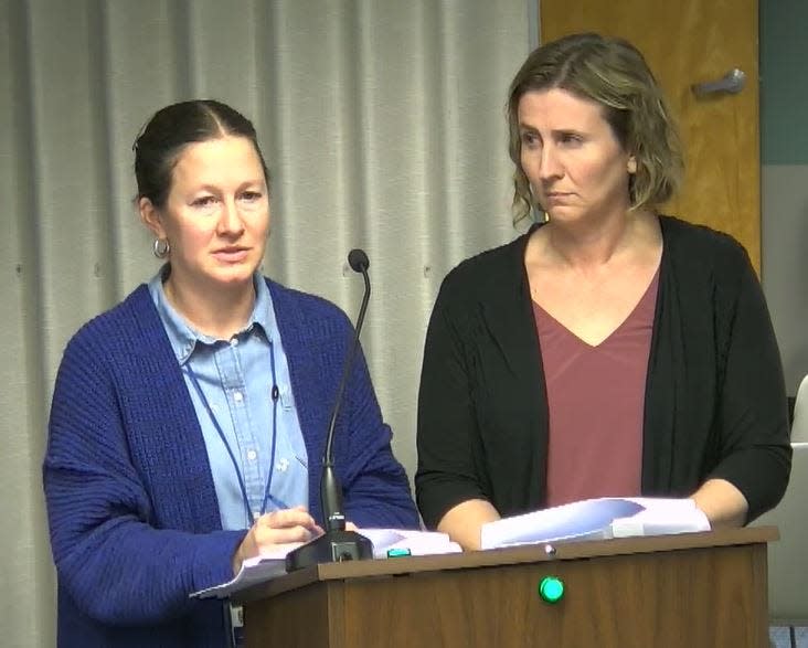 Behavioral Health Liaisons Rachel Schlein, left, and Tricia Ledoux discuss the rise of homelessness in Kennebunk during the town's select board meeting on Tuesday, Jan. 23, 2024.