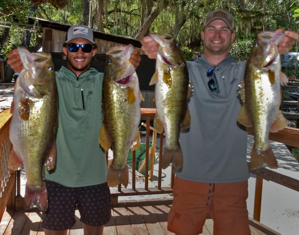 Kolbi Morgan, left, and Marlon Crowder had 26.34 pounds and big bass with a 9.98 pounder to win the Xtreme Bass Series Kissimmee Division tournament May 8 on Lake Kissimmee. 