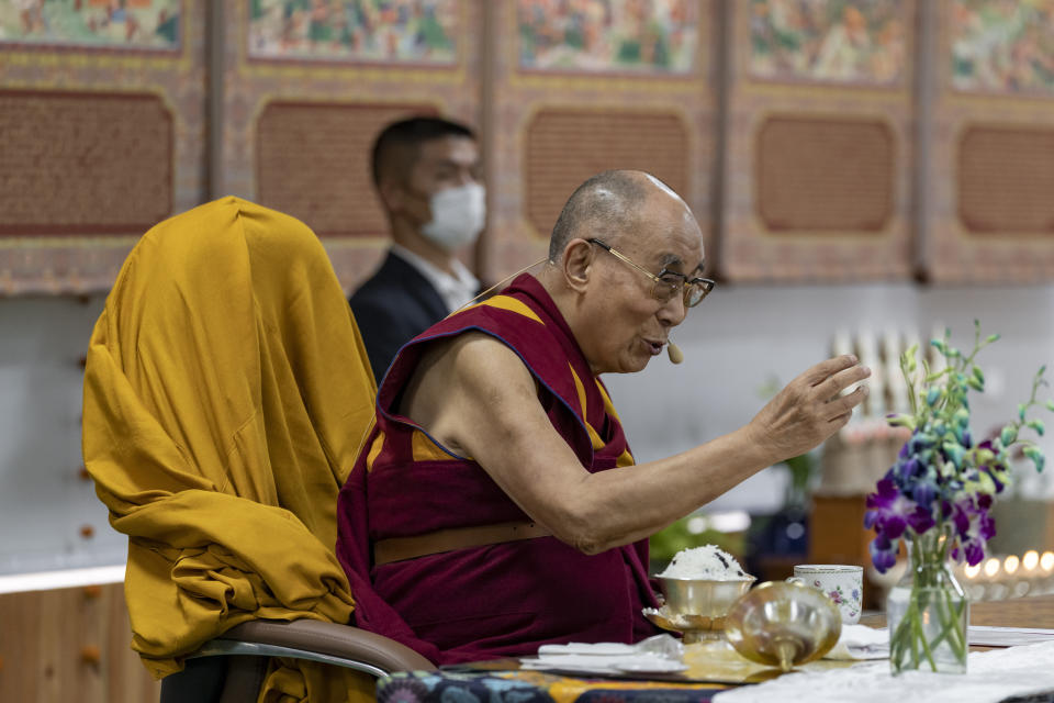 Tibetan spiritual leader the Dalai Lama gives a talk after inaugurating a museum containing the archives of the institution of the Dalai Lama in Dharmsala, India, Wednesday, July 6, 2022. Exile Tibetans also celebrated their spiritual leader's 87th birthday today. (AP Photo/Ashwini Bhatia)