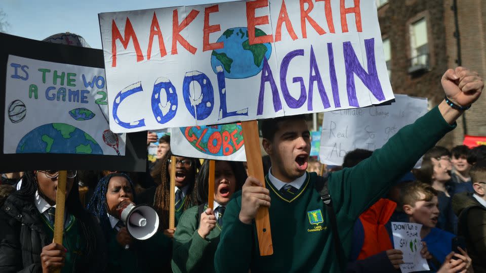 Irish schools students demand immediate action on climate change during the "Global School Strike for Climate Action" march from St Stephen's Green to Leinster House in 2019. - Artur Widak/NurPhoto/Getty Images