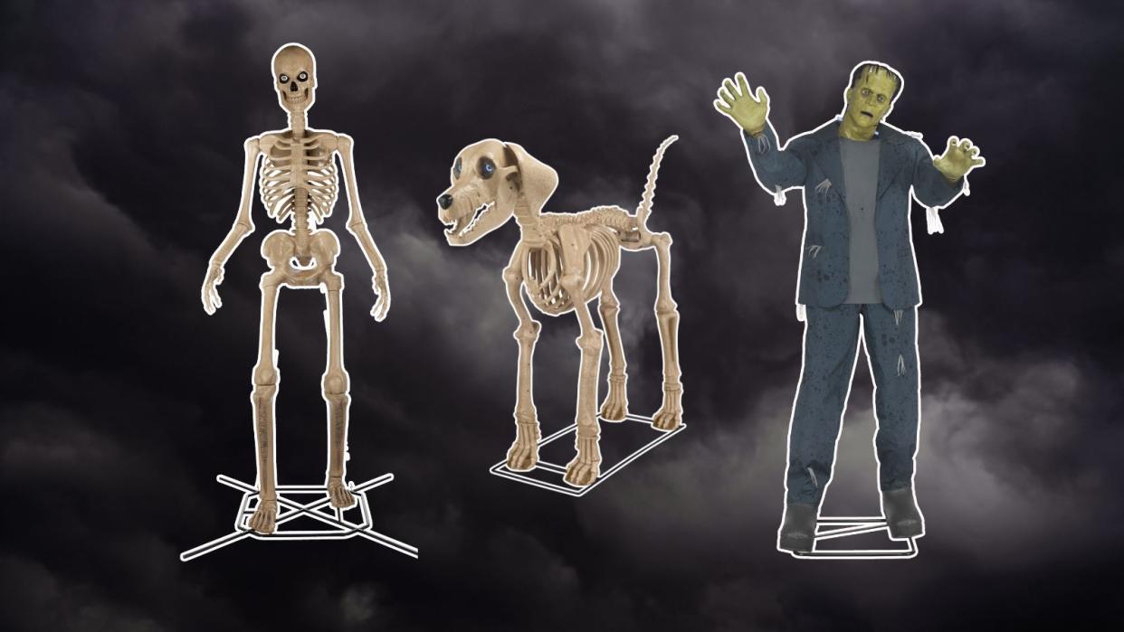  Home Depot Halfway to Halloween sales items including the giant skeleton, giant dog skeleton, and giant Frankenstein on a black cloudy sky background. 