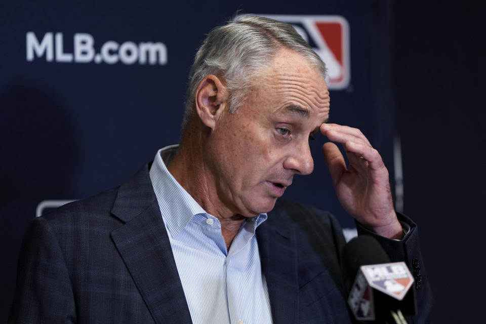 Major League Baseball Commissioner Rob Manfred speaks at a press conference following an owners meeting, Thursday, May 23, 2024, in New York. (AP Photo/Julia Nikhinson)