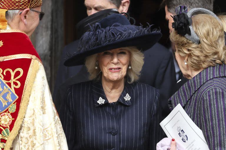 Camilla asiste al Servicio de Acción de Gracias por el rey Constantino de los Helenos en la Capilla de San Jorge en el Castillo de Windsor, el martes 27 de febrero de 2024.
