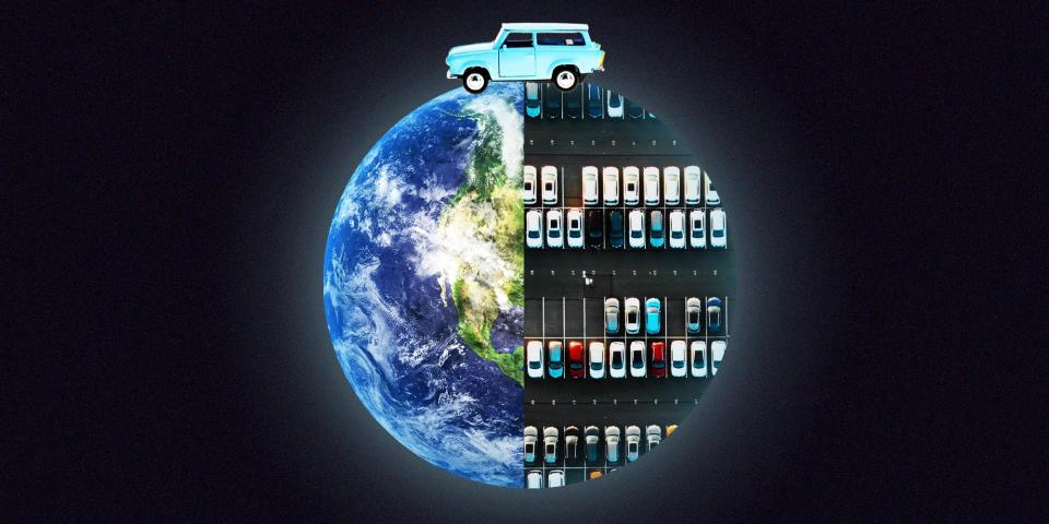 A blue car drives across the outside of the earth. Following the car, the surface of the earth incrementally is covered by a full parking lot.