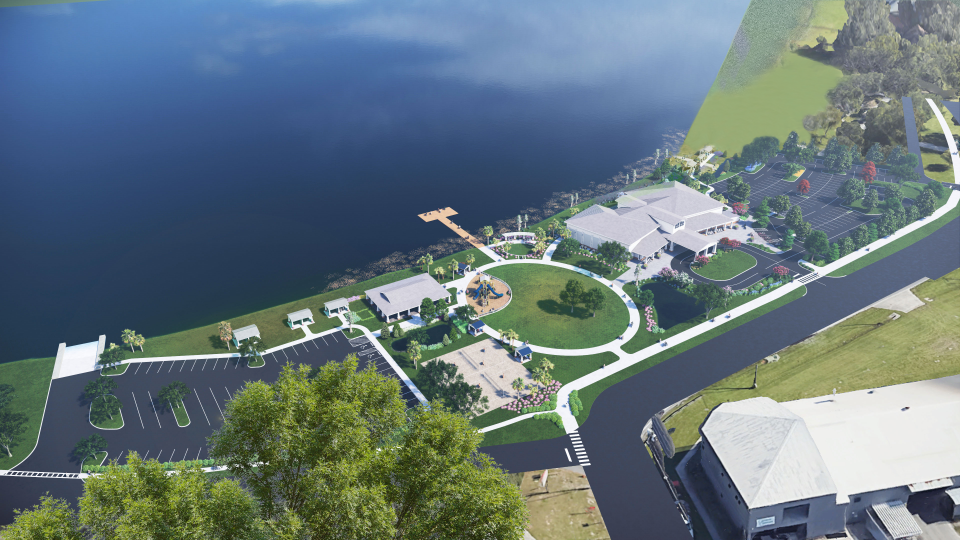 An artist's rendering shows plans for the redesign of Lake Ariana Park in Auburndale. The city plans to build a civic center at the park to replace a building downtown that will be sold for redevelopment.