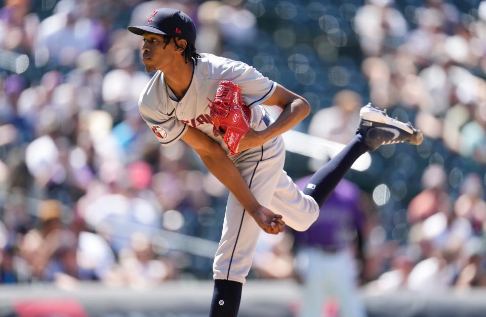 Cleveland Guardians starting pitcher Triston McKenzie works against the Colorado Rockies in the sixth inning of a baseball game Thursday, June 16, 2022, in Denver. (AP Photo/David Zalubowski)