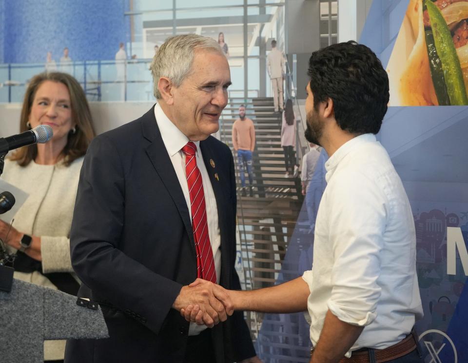 U.S. Rep. Lloyd Doggett, left, with fellow Austin Democrat Greg Casar, is continuing to push for federal intervention to decrease wait times on Supplemental Nutrition Assistance Program applications.