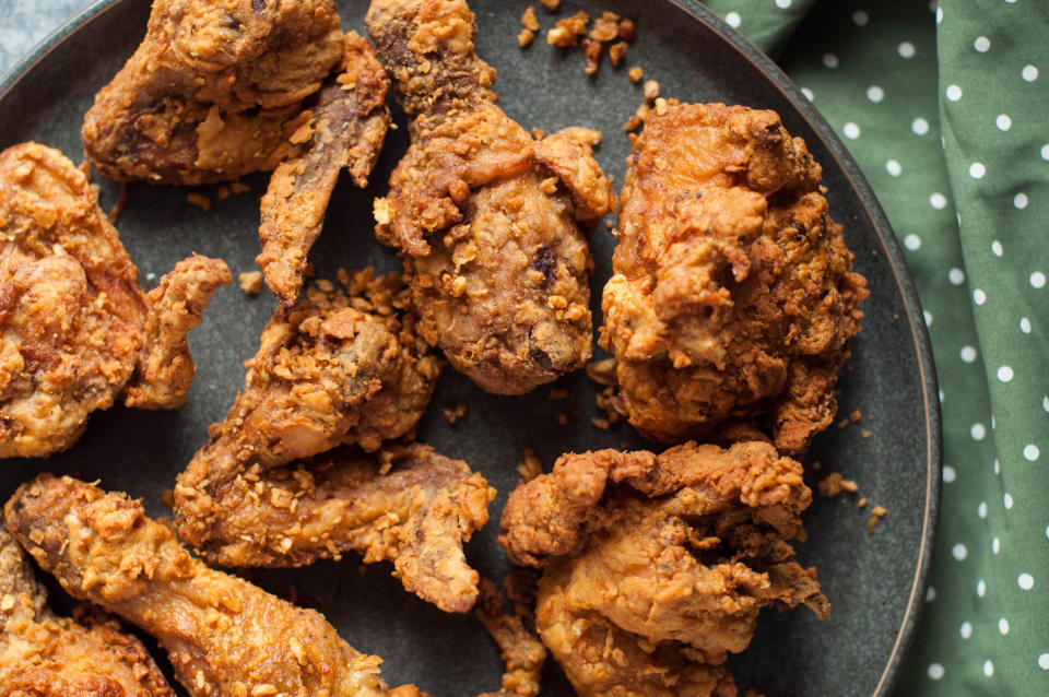 Fried chicken on a serving plate.