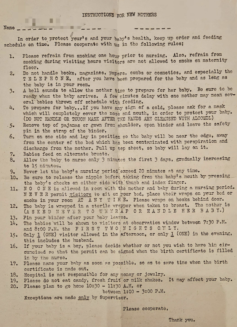 Typed instructions for new mothers with 19 points about infant care, feeding schedules, and visitor rules. Includes a note about supervisor exceptions