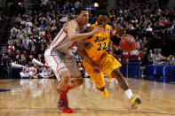 PORTLAND, OR - MARCH 15: Casper Ware #22 of the Long Beach State 49ers drives on Kendall Williams #10 of the New Mexico Lobos in the second half in the second round of the 2012 NCAA men's basketball tournament at Rose Garden Arena on March 15, 2012 in Portland, Oregon. (Photo by Jonathan Ferrey/Getty Images)