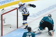 May 19, 2019; San Jose, CA, USA; St. Louis Blues left wing Jaden Schwartz (17) scores a goal past San Jose Sharks goaltender Martin Jones (31) during the second period in Game 5 of the Western Conference Final of the 2019 Stanley Cup Playoffs at SAP Center at San Jose. Mandatory Credit: Darren Yamashita-USA TODAY Sports