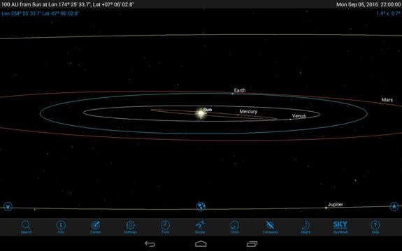 The SkySafari app's Orbit function lets you move your vantage point to 100 astronomical units (AUs) from the sun. Manipulate the 3D rendering of the solar system to see Pluto's oddball orbit, zoom in