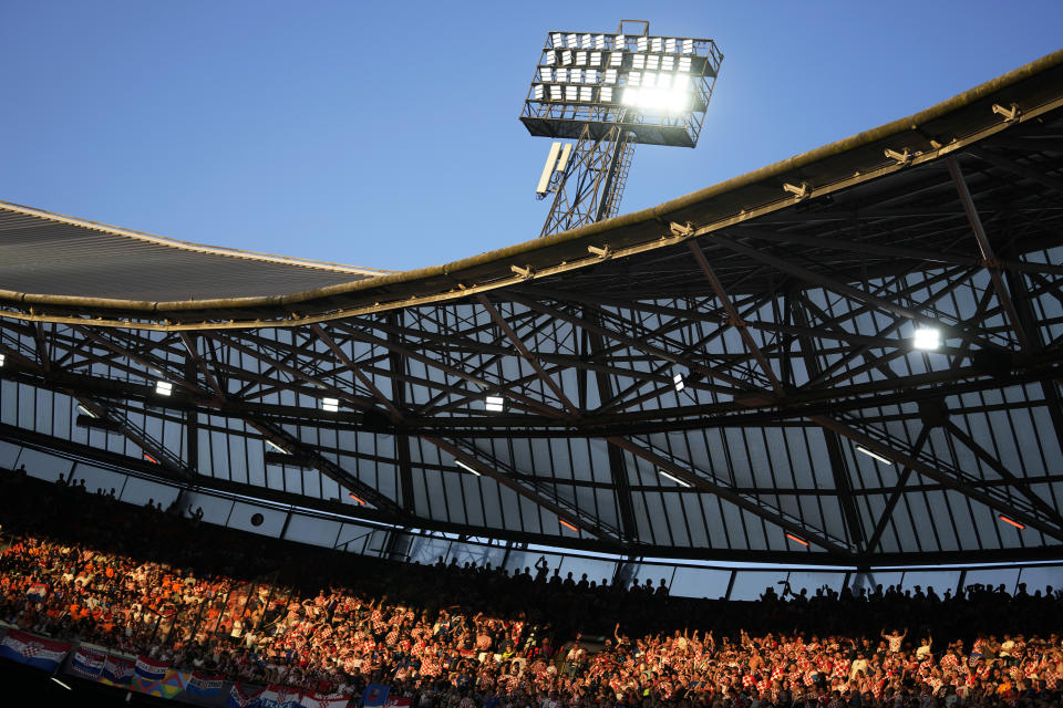 Croatia fans cheer on the stands during the Nations League semifinal soccer match between the Netherlands and Croatia at De Kuip stadium in Rotterdam, Netherlands, Wednesday, June 14, 2023. (AP Photo/Peter Dejong)