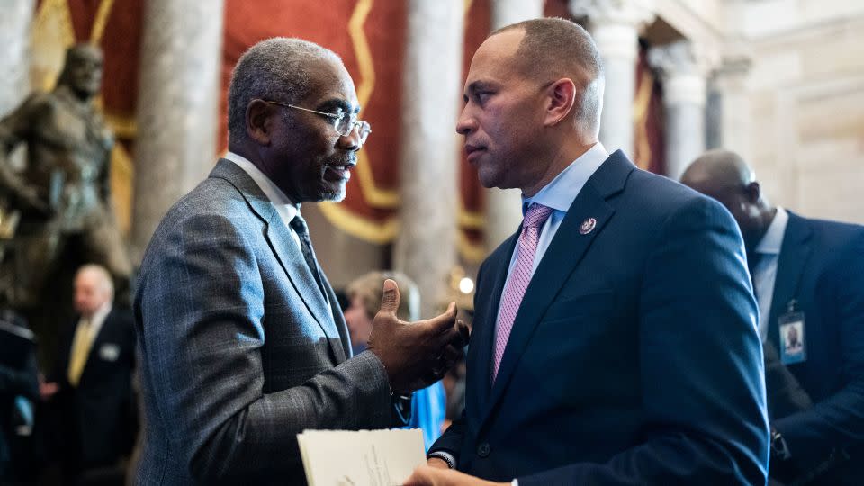 Democratic Caucus Chair Hakeem Jeffries and Rep. Gregory Meeks attend the portrait unveiling ceremony for Speaker of the House Nancy Pelosi in the US Capitol's Statuary Hall on Wednesday, December 14, 2022. - Tom Williams/CQ Roll Call/Getty Images