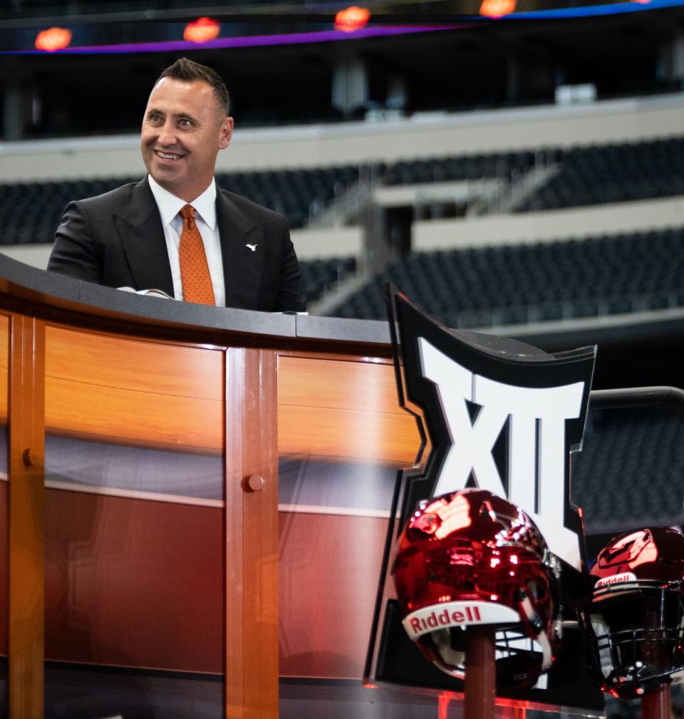 University of Texas Head Coach Steve Sarkisian smiles in an interview with ESPN during the first day of Big 12 Media Days in AT&T Stadium in Arlington, Texas, July 12, 2023. 