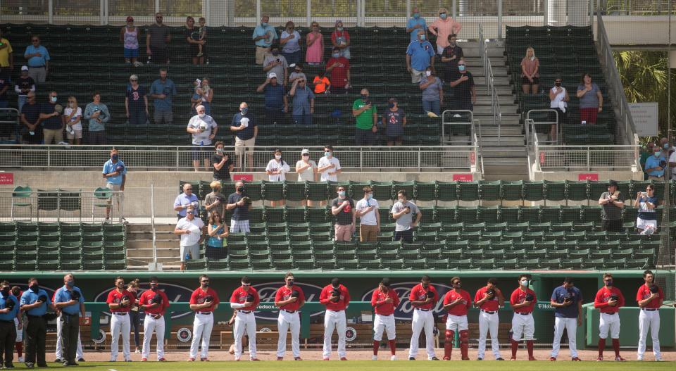 Fans attend a Spring Training game between the Boston Red Sox and the Tampa Rays at JetBlue Park on March 2, 2021.  