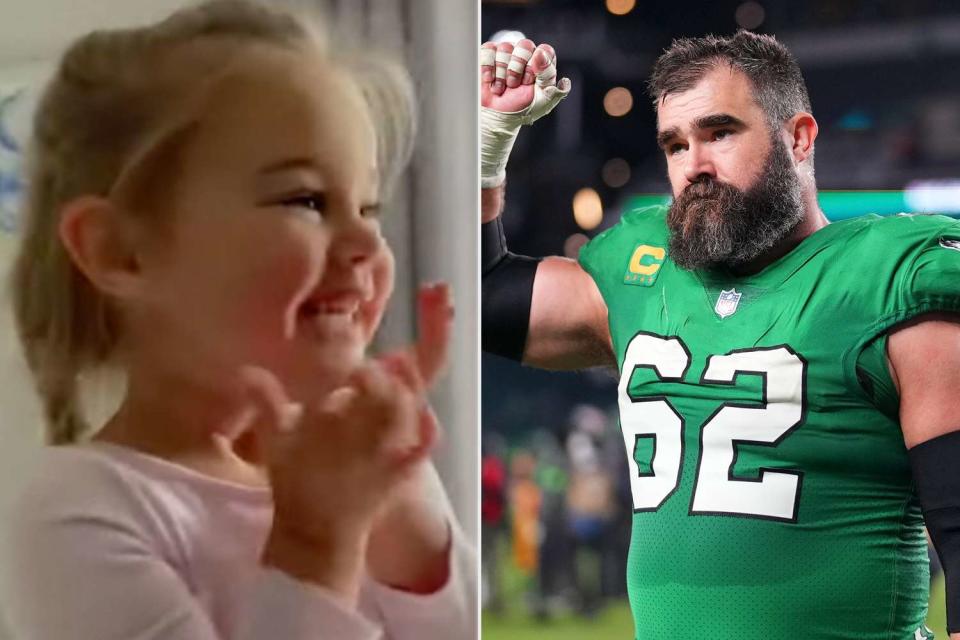 <p>Kylie Kelce/Instagram, Mitchell Leff/Getty </p> Wyatt Kelce (L), Jason Kelce (R)