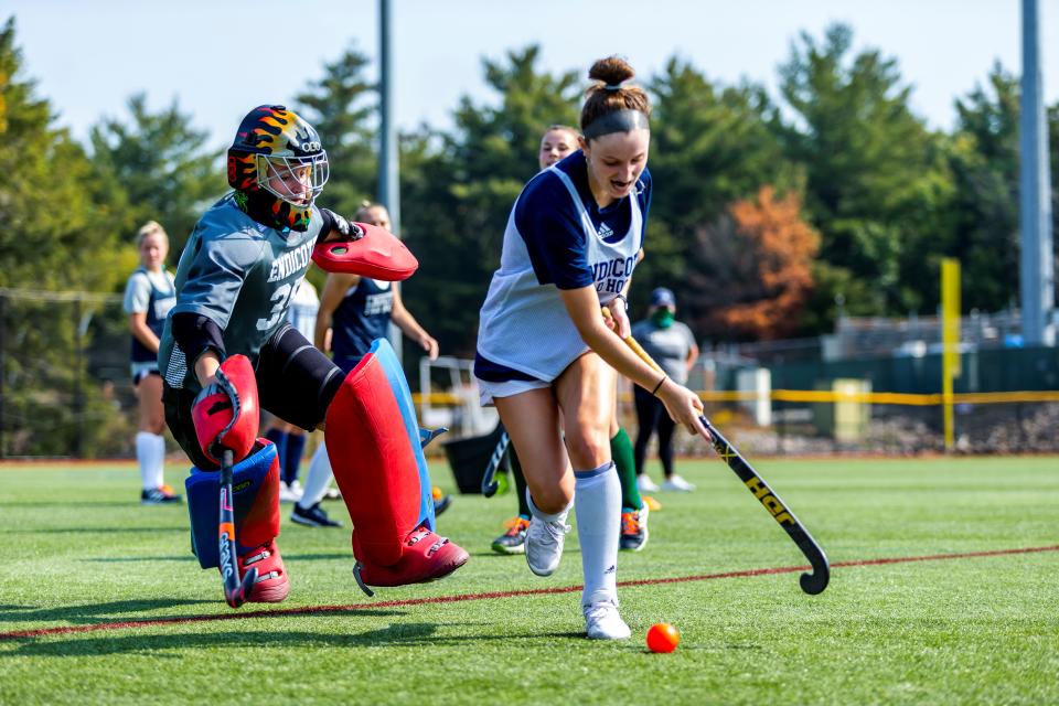 Endicott College senior goalie Taylor Farrin, a Bishop Fenwick alumna from Danvers, prepares to make a save during a recent scrimmage. (Endicott College Sports Information)