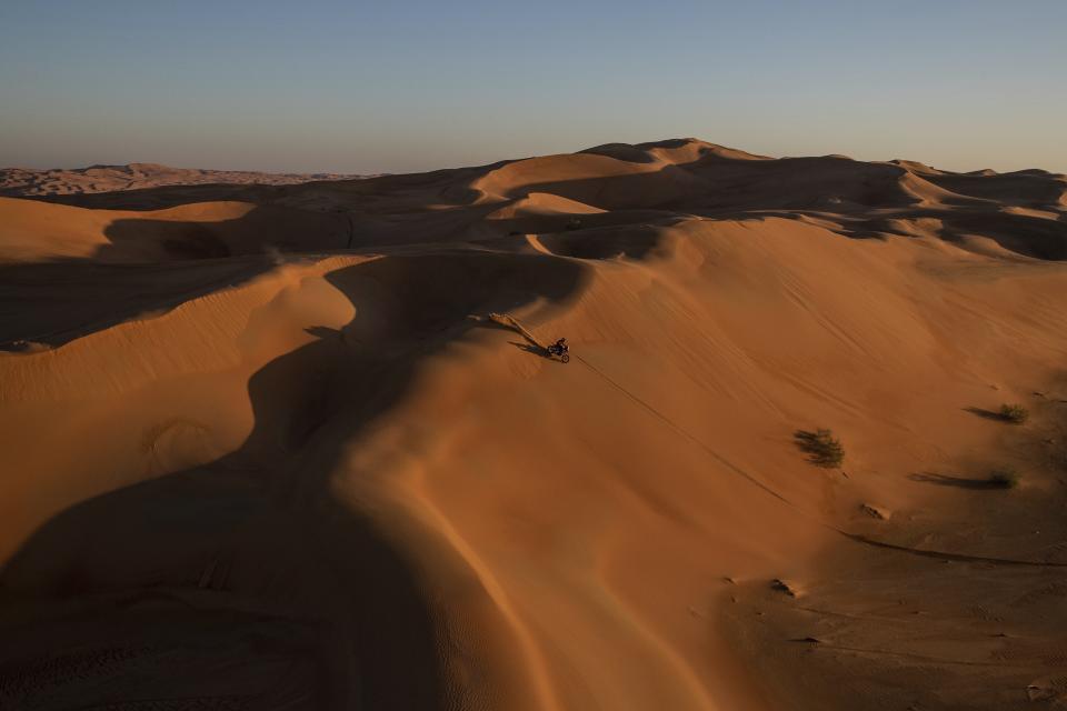 Ricky Brabec of United States rides his Honda motorbike during stage eleven of the Dakar Rally between Shubaytah and Haradth, Saudi Arabia, Thursday, Jan. 16, 2020. (AP Photo/Bernat Armangue)