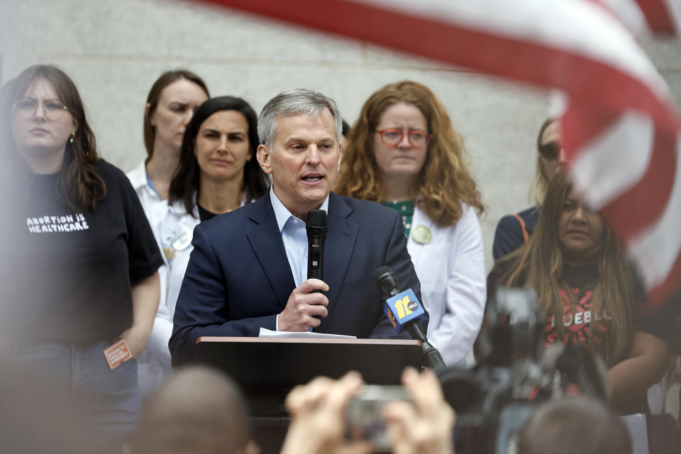 North Carolina Attorney General Josh Stein speaks speaks at a rally at Bicentennial Plaza put on by Planned Parenthood South Atlantic in response to a bill before the North Carolina Legislature, Wednesday, May 3, 2023, in Raleigh, N.C. (AP Photo/Karl B DeBlaker)