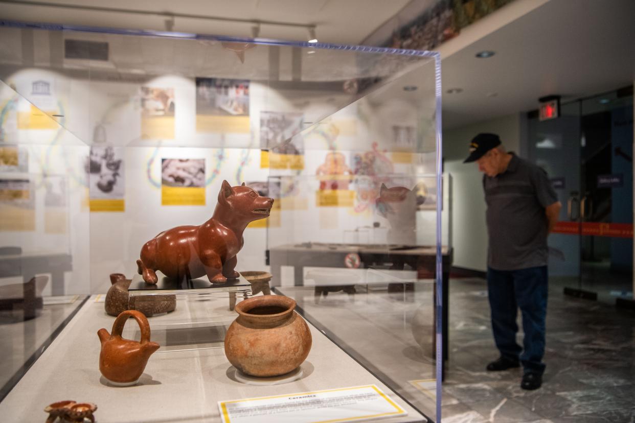 An artifact of a ceramic spiritual dog from Mexico is exhibited inside the ‘Repatriation and Its Impact’ at The Parthenon in Nashville, Tenn., Friday, May 3, 2024.