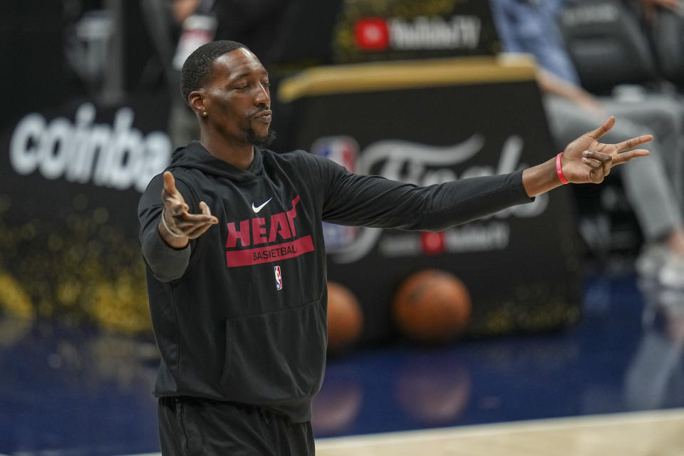 Miami Heat center Bam Adebayo reacts to a basket during an NBA Finals open practice, Sunday, June 11, 2023, in Denver. Miami takes on the Denver Nuggets in Game 5 of the NBA Finals on Monday. (AP Photo/Jack Dempsey)