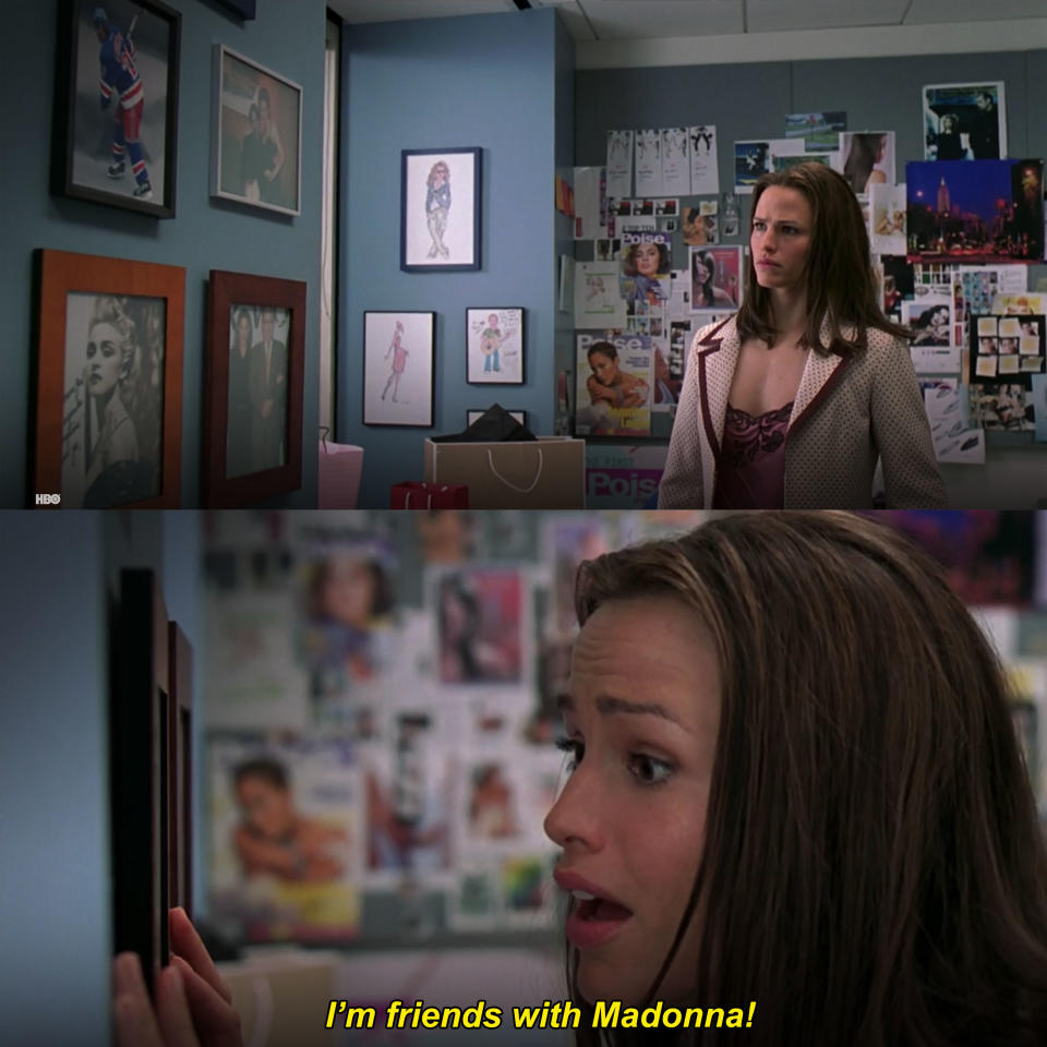 Jenna investigates her office as a 30-year-old and discovers she's friends with famous people in "13 Going on 30"