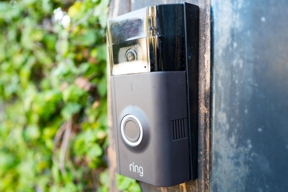 Close-up of Ring doorbell, equipped with a camera and machine learning capabilities, installed outside a home in the Marina Del Rey neighborhood of Los Angeles, California, October 21, 2018. (Photo by Smith Collection/Gado/Getty Images)