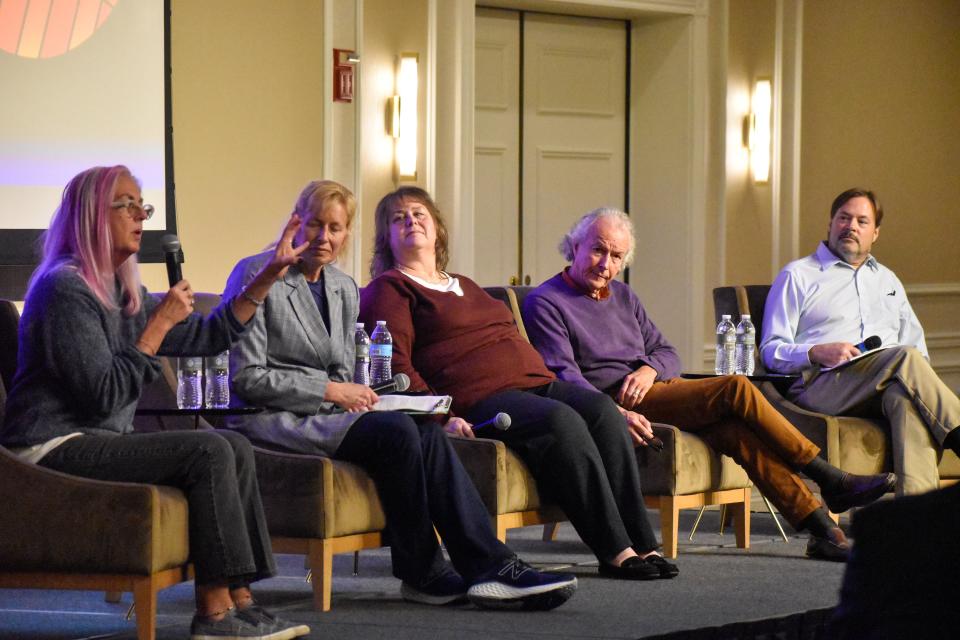 Wisconsin voters Kathryn Doering, Heidi Hallett, Carole Henning, Pierre Payne and Paul Stretcher participate in a citizens' panel to discuss political issues that matter most to them at a Pewaukee town hall meeting.