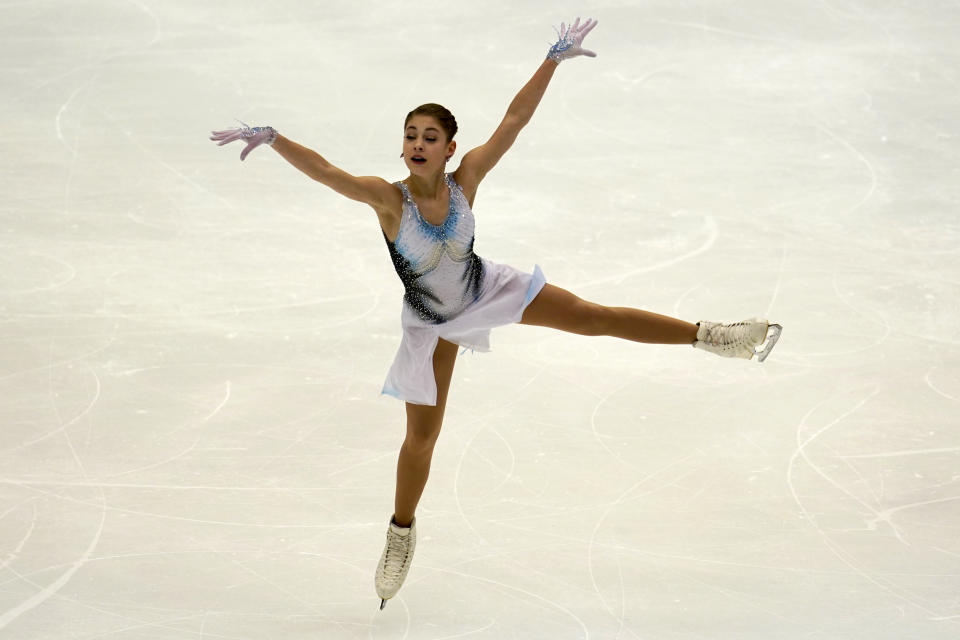 Alena Kostornaia of Russia performs in the ladies short program during the ISU Grand Prix of Figure Skating in Sapporo, northern Japan, Friday, Nov. 22, 2019. (AP Photo/Toru Hanai)