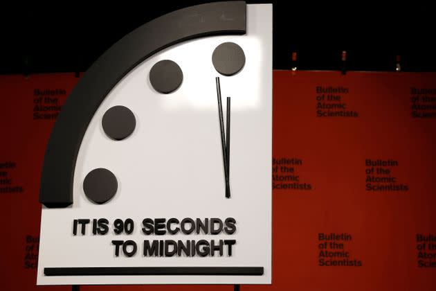 The 2023 Doomsday Clock is displayed before of a live-streamed event with members of the Bulletin of the Atomic Scientists on January 24, 2023