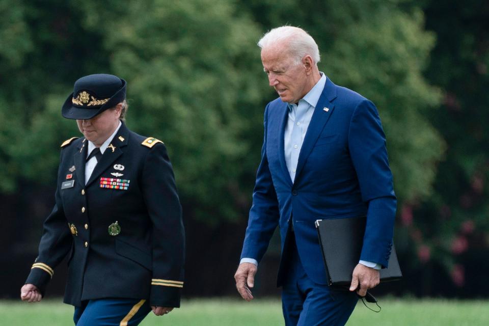 President Joe Biden arrives at Fort Lesley J. McNair in Washington in Washington, Monday, Aug. 16, 2021.
