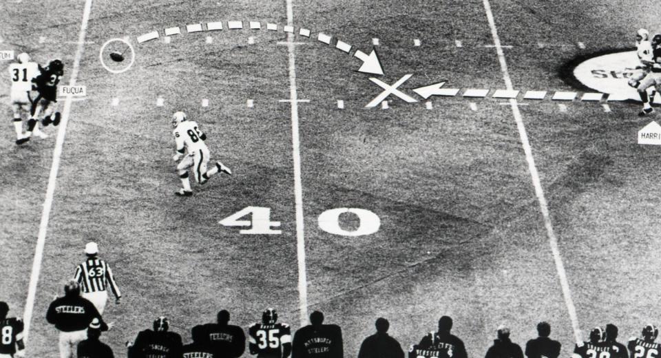 A diagram shows how the ball deflected off either Oakland's Jack Tatum or Pittsburgh's "Frenchy" Fuqua