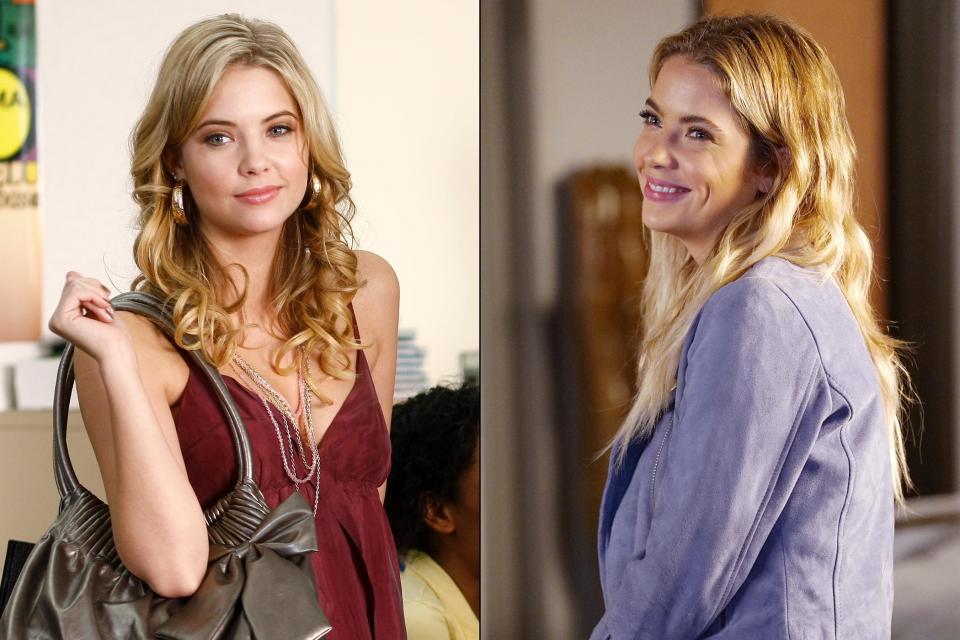 Ashley Benson as Hannah Marin in Season 1 (left) and Season 7 (right)