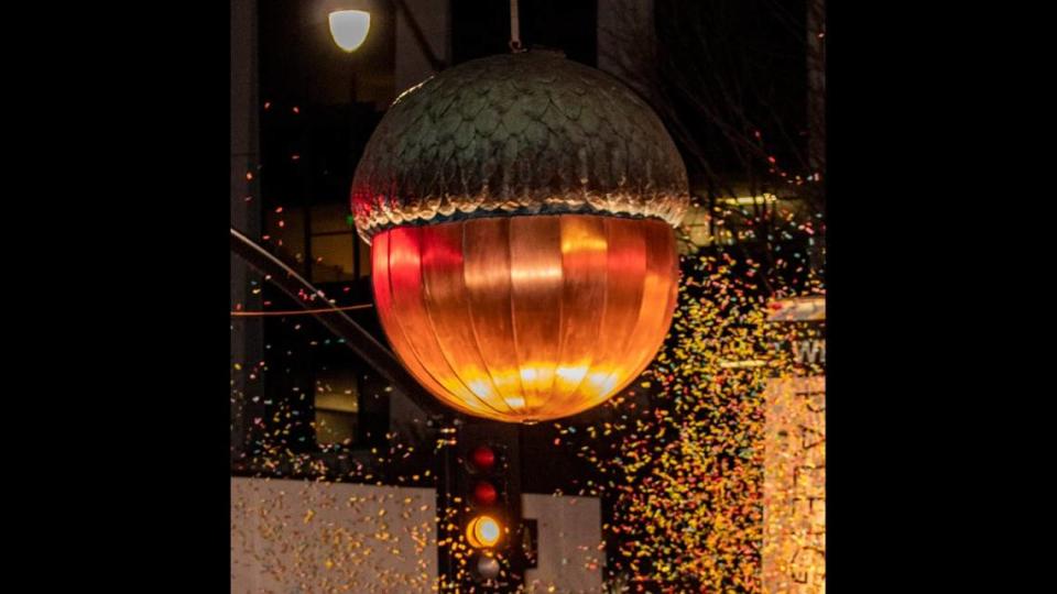 Raleigh’s First Night celebration features a midnight dropping of a gigantic acorn at Fayetteville and Davie streets. FIRST NIGHT RALEIGH