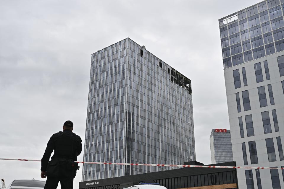 A view of a building after two Ukrainian unmanned aerial vehicles (UAVs) attack in Moscow, Russia on July 24, 2023.