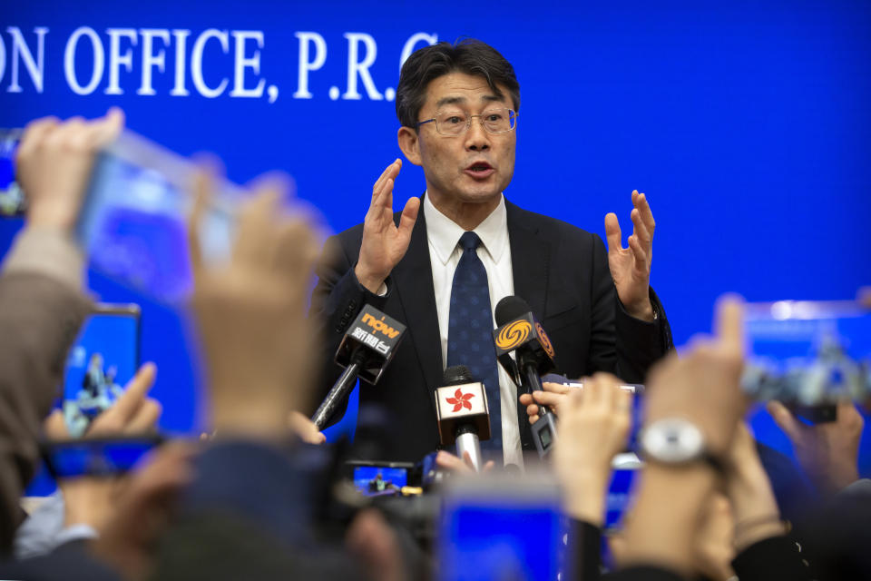 FILE - Gao Fu, then head of the Chinese Center for Disease Control and Prevention (CDC), speaks to journalists after a press conference about a virus outbreak at the State Council Information Office in Beijing, Jan. 26, 2020. China's sudden reopening after two years holding to a "zero-COVID" strategy left older people vulnerable and hospitals and pharmacies unprepared during the season when the virus spreads most easily, leading to many avoidable deaths, The Associated Press has found. (AP Photo/Mark Schiefelbein, File)