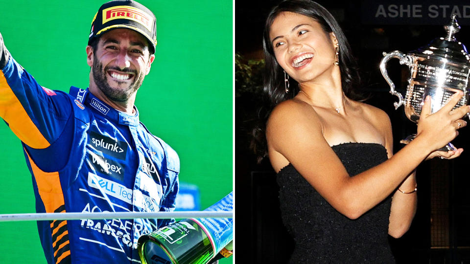 Daniel Ricciardo and Emma Raducanu, pictured here after their respective victories.