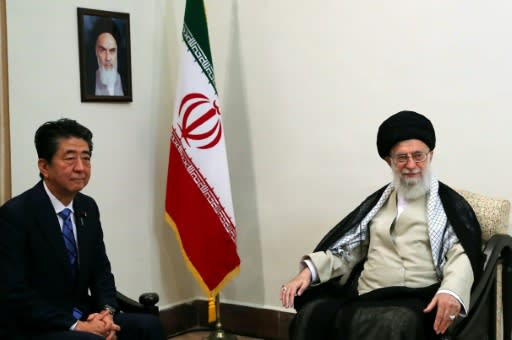 Iranian Supreme Leader Ayatollah Ali Khamenei meets with Japanese Prime Minister Shinzo Abe in Tehran, in the first ever such visit since the 1979 Islamic Revolution