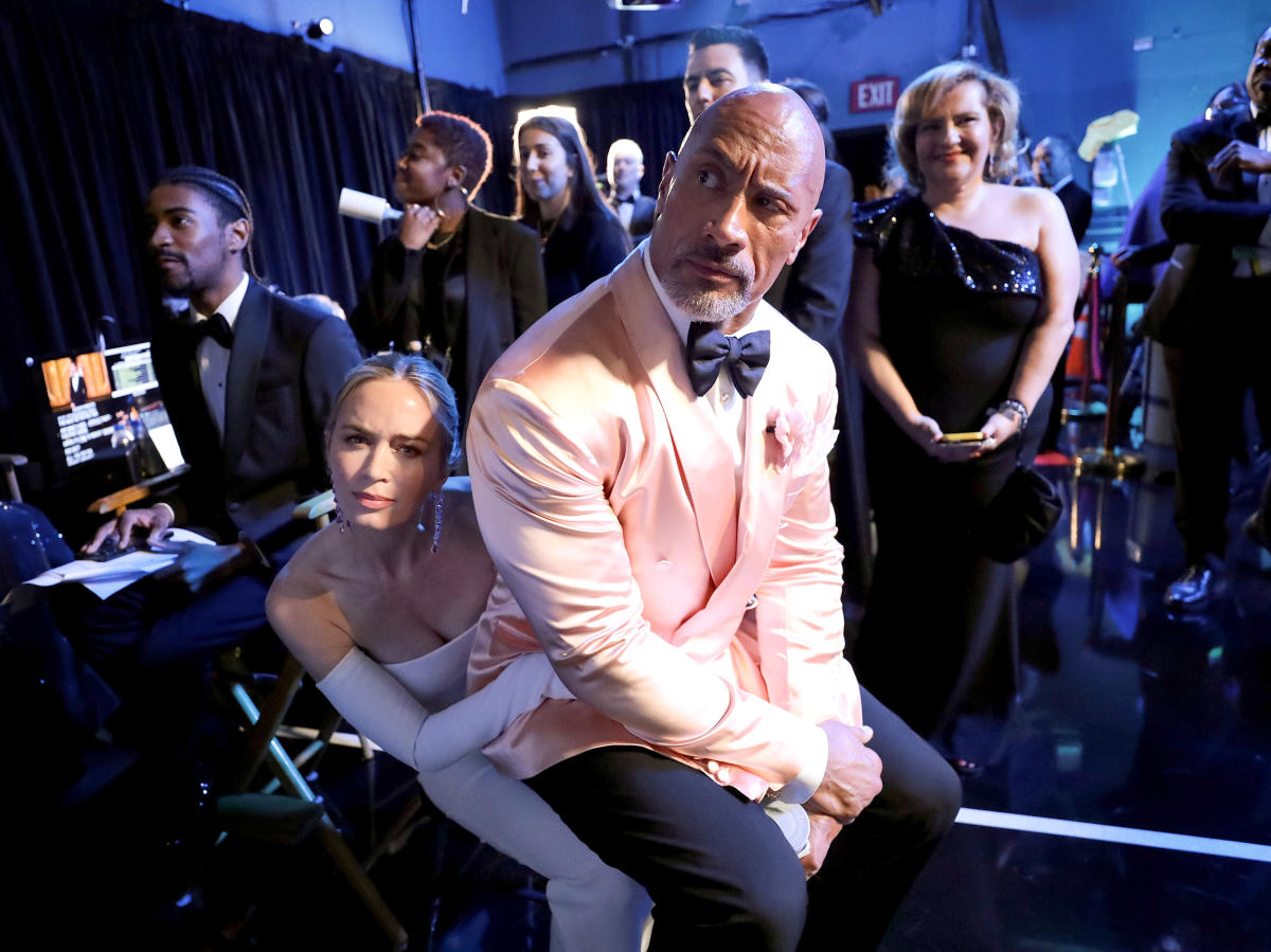 Dwayne Johnson and Emily Blunt reunite for cute moment backstage at the Oscars