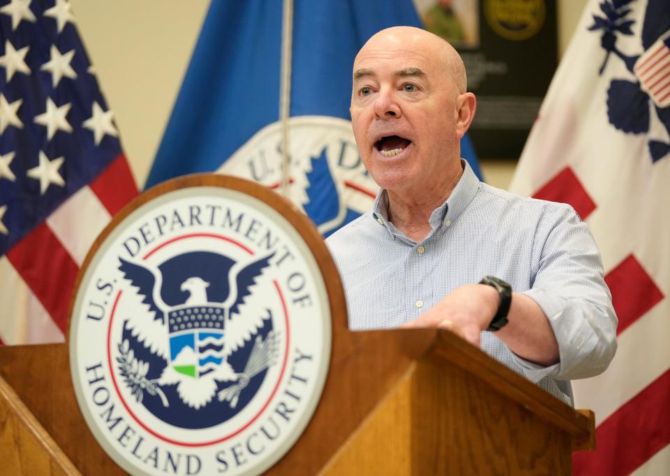 Secretary of Homeland Security Alejandro Mayorkas speaks at a news conference at the U.S. Border Patrol South Station in Eagle Pass on Monday January 8, 2024.