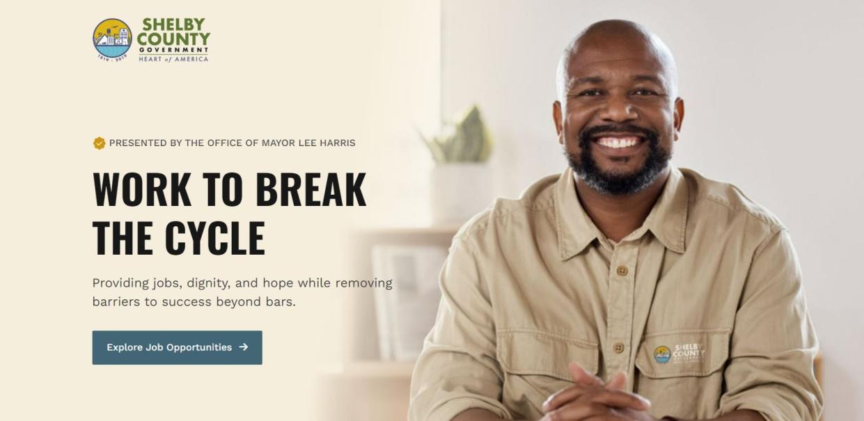 A screenshot shows the new website launched by Shelby County Government, www.worktobreakthecycle.com.