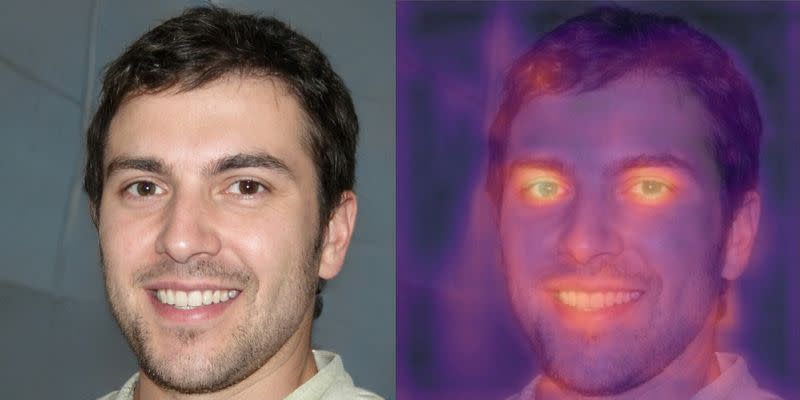 A combination photograph shows an image purporting to be of British student and freelance writer Oliver Taylor and a heat map of the same photograph produced by Tel Aviv-based deepfake detection company Cyabra