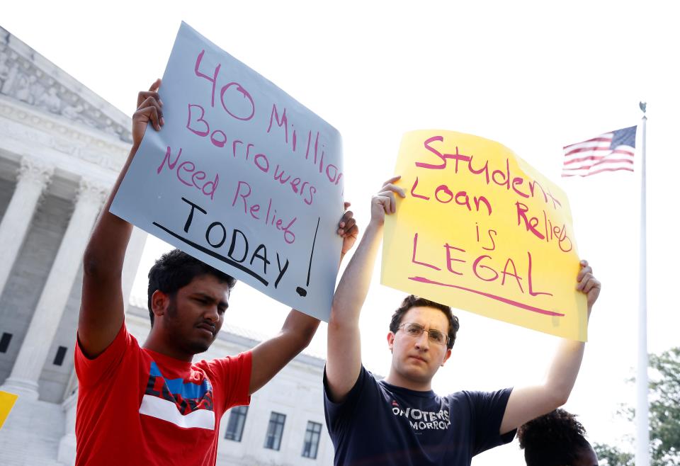 Student loan borrowers demand President Biden use "Plan B" to cancel student debt Immediately at a rally outside of the Supreme Court of the United States on June 30, 2023 in Washington, DC.