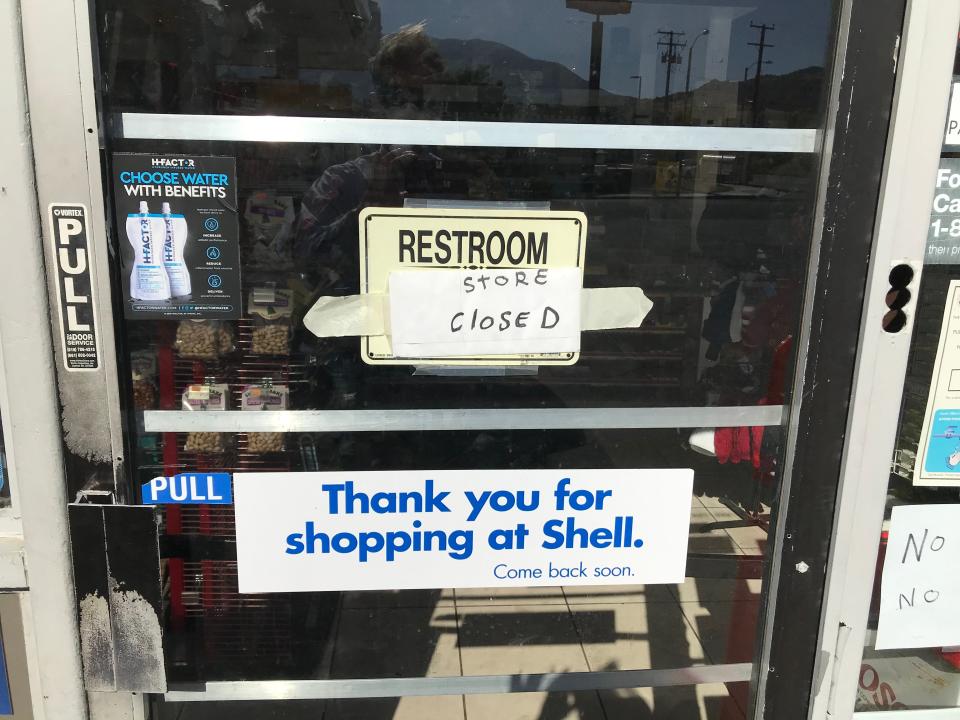 The restroom, along with the mini-mart, is closed at a Shell gas station in Gorman, California