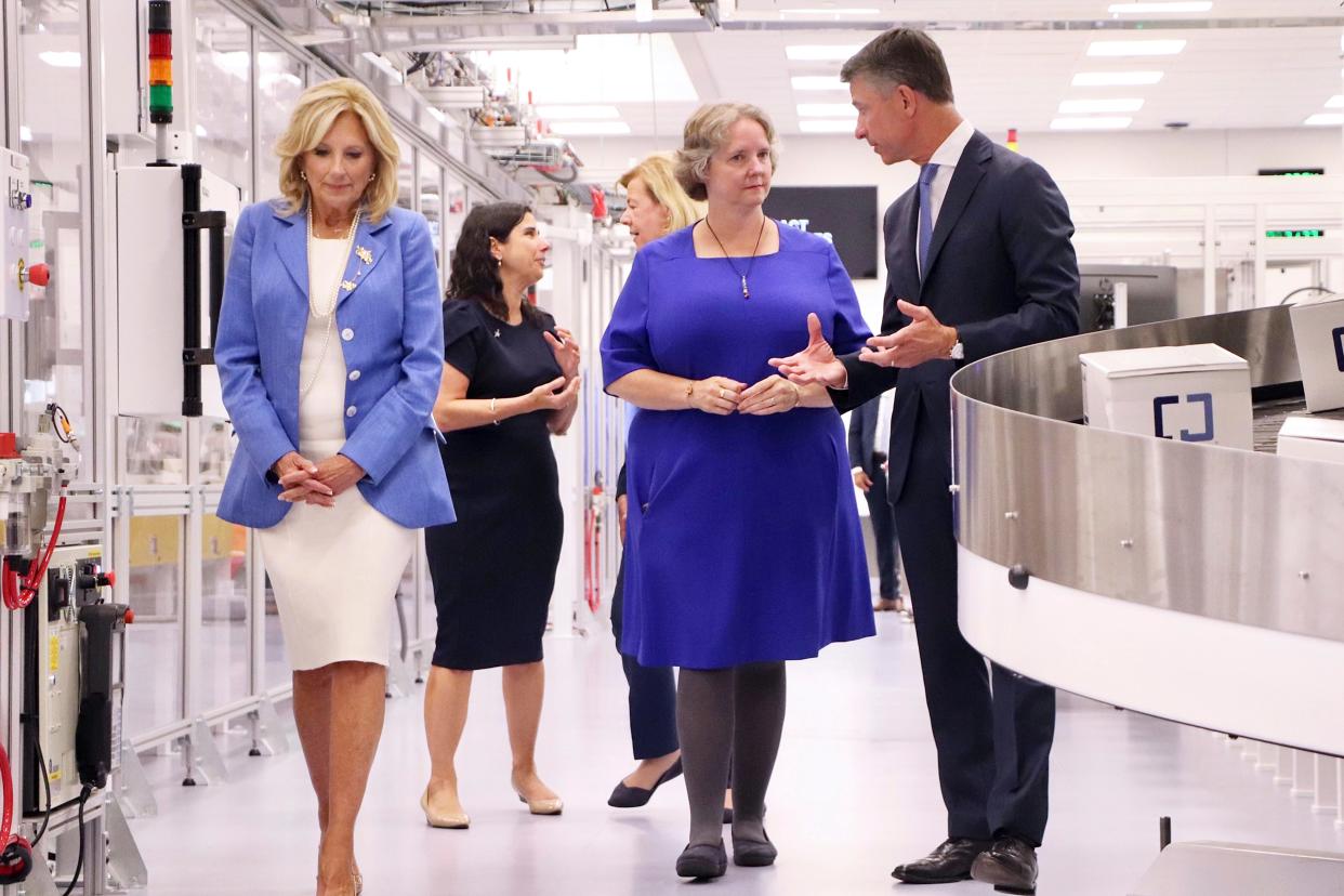 From left in front; First Lady Jill Biden, Madison, Wis. Mayor Satya Rhodes-Conway and Exact Sciences Chairman and CEO Kevin Conroy during a tour of the cancer diagnostics company in Madison, Wis. Thursday, August 31, 2023. Also pictured behind are Ana Hooker, chief laboratory officer for Exact Sciences and Sen. Tammy Baldwin, D-Wisconsin.