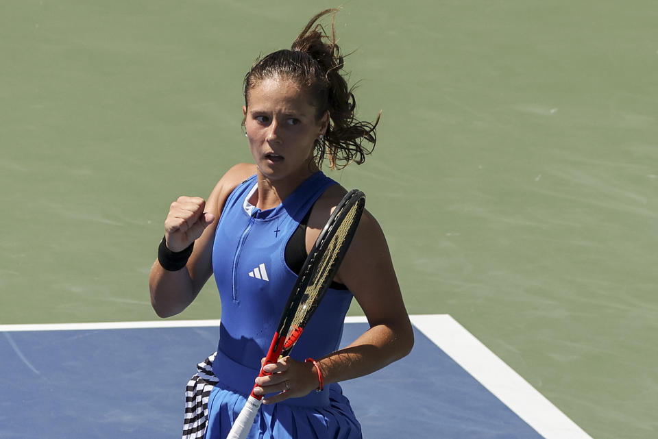 Daria Kasatkina, of Russia, reacts during a match against Greet Minnen, of Belgium, during the third round of the U.S. Open tennis championships, Saturday, Sept. 2, 2023, in New York. (AP Photo/Andres Kudacki)