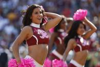 <p>Washington Redskins cheerleaders perform in the first half of an NFL football game between the Redskins and the Philadelphia Eagles, Sunday, Oct. 16, 2016, in Landover, Md. (AP Photo/Alex Brandon) </p>