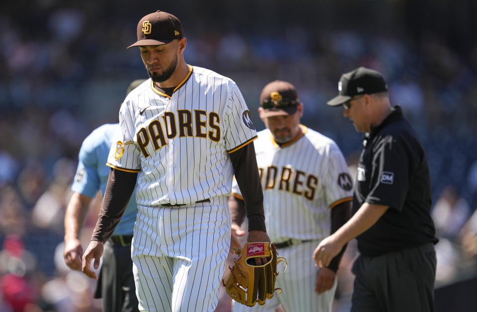 San Diego Padres relief pitcher Robert Suarez (75) is ejected during a game against the Miami Marlins.