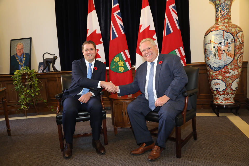 TORONTO, ON- Ontario Premier Doug Ford met with the leader of the Federal Official Opposition, Andrew Scheer at Queen's Park. (Rene Johnston/Toronto Star)        (Rene Johnston/Toronto Star via Getty Images)